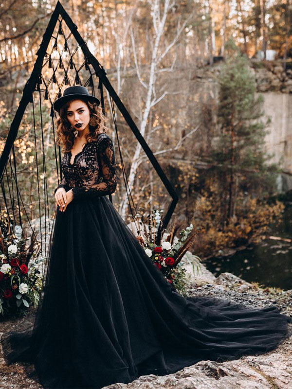 Black Wedding Dresses A-Line Designed Tulle Lace Bridal Gown Long Sleeves-newarrivaldress