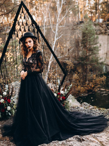 Black Wedding Dresses A-Line Designed Tulle Lace Bridal Gown Long Sleeves-newarrivaldress