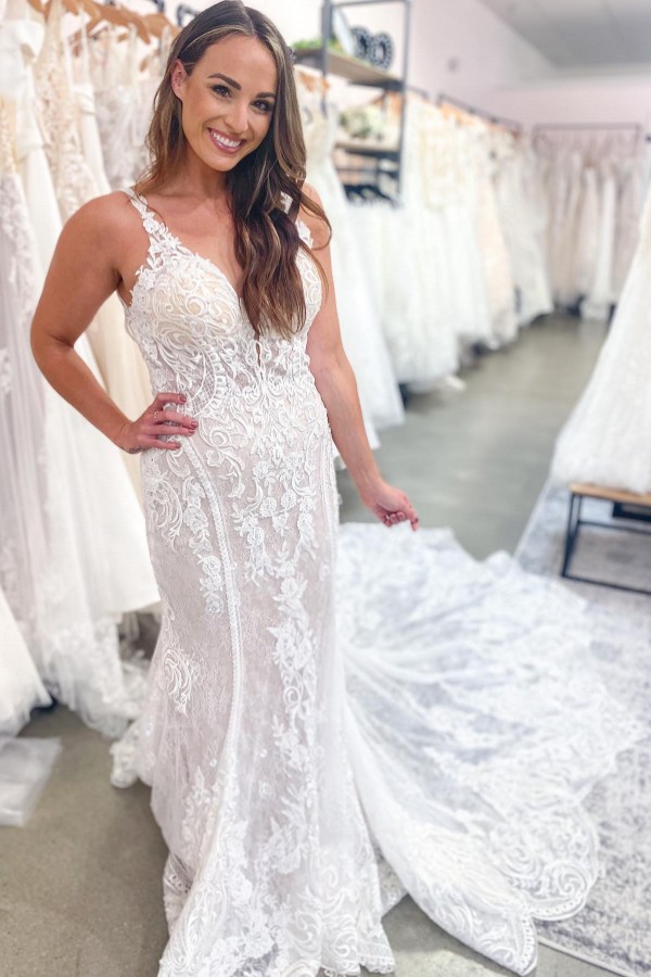 White Mermaid Bridal Dress Sleeveless V-neck Floral Lace wedding Dress-newarrivaldress