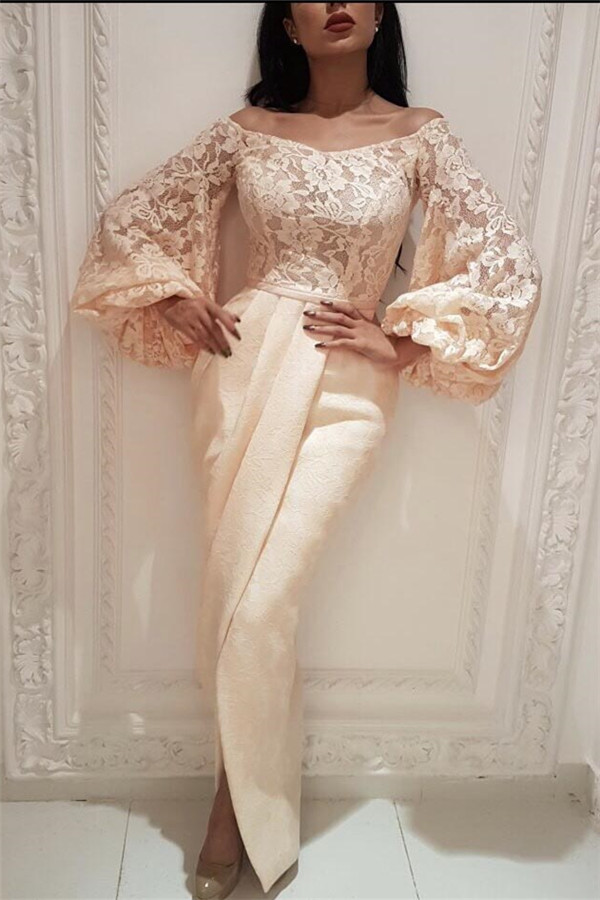 Elegant Lace Off the Shoulder Long Prom Dress | Long Sleeves Slit Mermaid Prom Dress-newarrivaldress