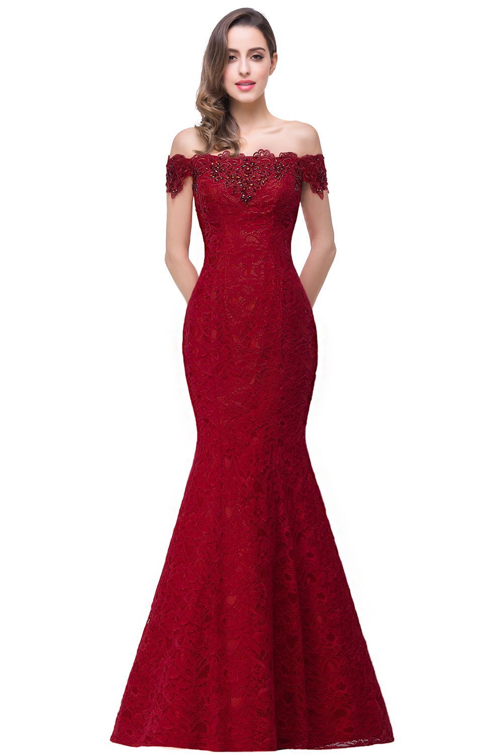 Crystal Beaded Red Mermaid Evening Dresses Off the Shoulder Prom Party Dress