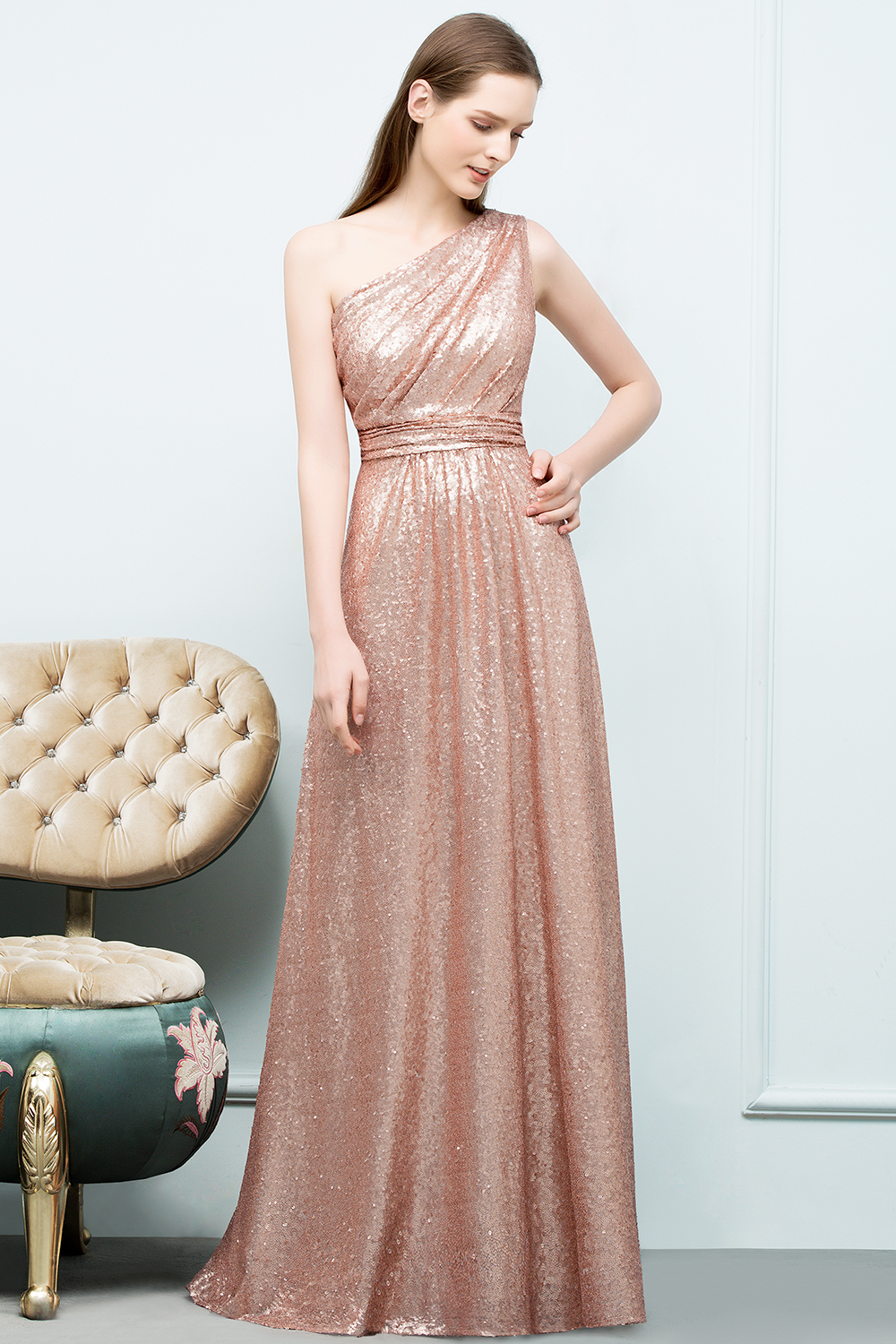 JOURNEE | A-line One-shoulder Sleeveless Floor Length Sequins Prom Dresses-newarrivaldress
