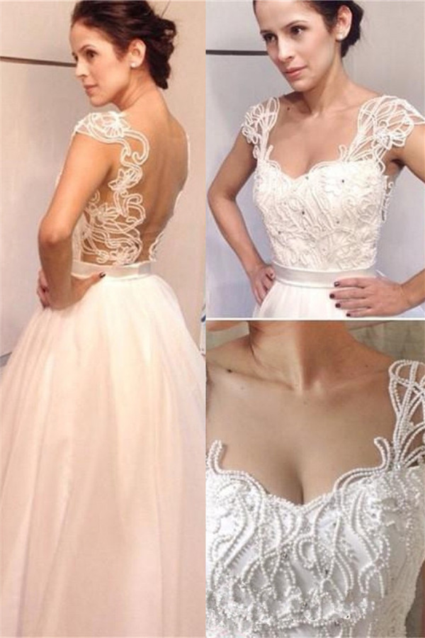 Floor Length A-line Sexy Open Back Straps Wedding Dresses with Pearls-newarrivaldress