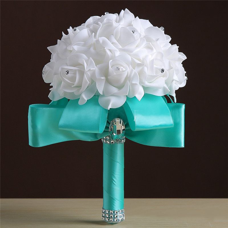 White Silk Rose Crystal Beading Bouquet in Colorful Handles | Newarrivaldress.com