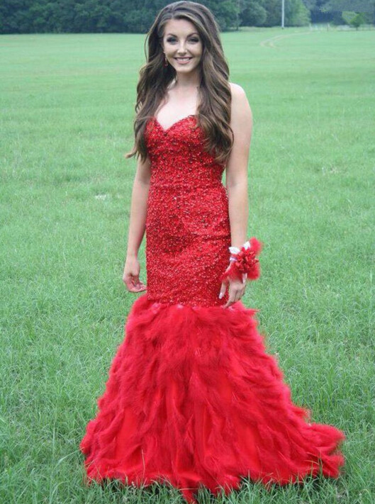 Sexy Red Mermaid Evening Dress 2-16 Sweetheart Beadings Fur Floor Length-newarrivaldress