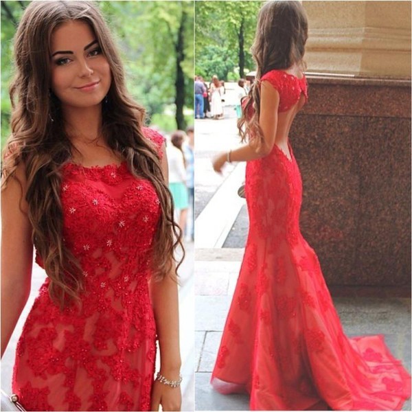 Red Lace Halter Mermaid Evening Dress Latest Backless Sweep Train Formal Occasion Dresses-newarrivaldress