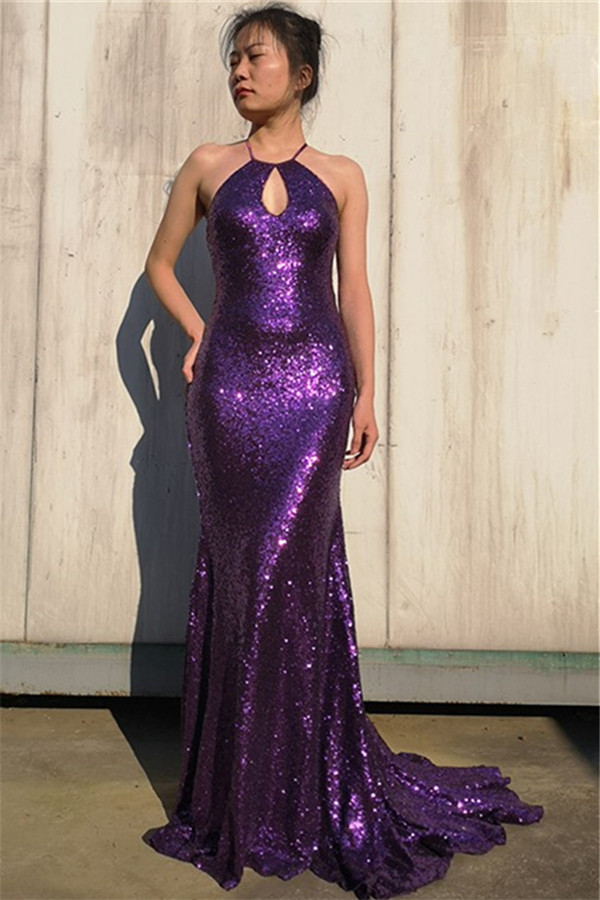 Glamorous Purple Halter Sleeveless Mermaid Floor-Length Prom Dress-newarrivaldress
