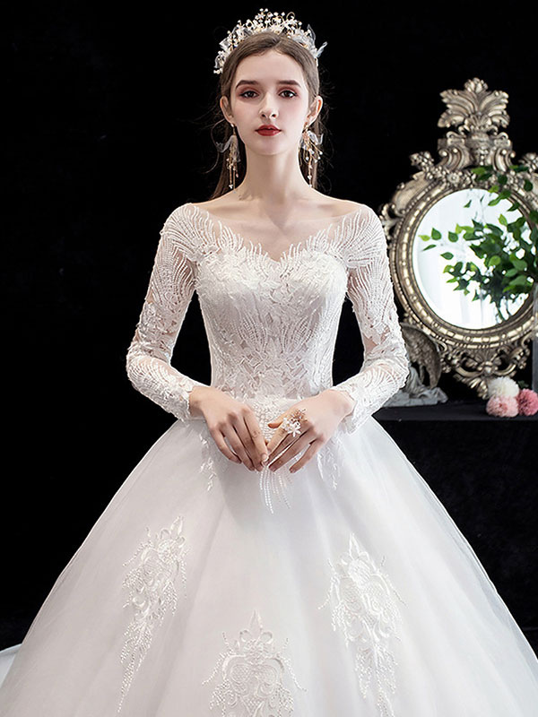 White Wedding Dress Ball Gown Cathedral Train Jewel Neck 3/4 Length Sleeves Natural Waist Applique Satin Fabric Bridal Dresses-newarrivaldress