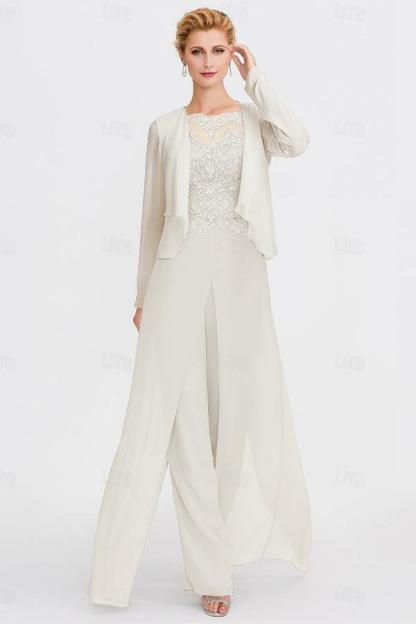 Scoop Neck Chiffon Three Pieces Mother of the Bride Jumpsuits with Lace Appliques-newarrivaldress