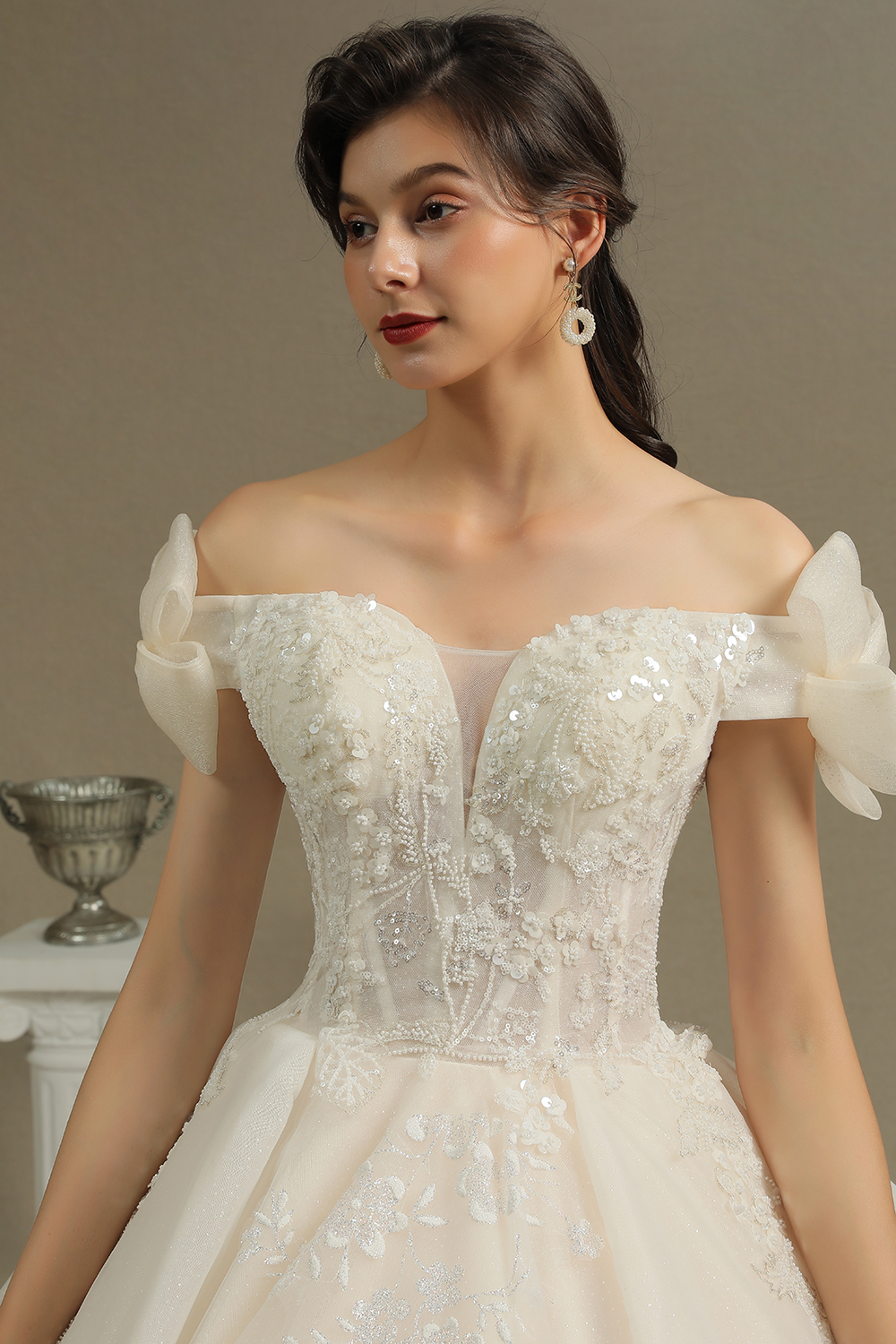 Off Shoulder Aline White Princess Bridal Gown Floor Length Lace Wedding Dress
