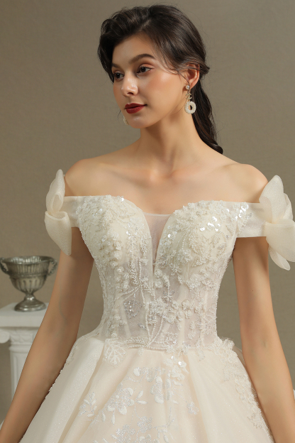 Off Shoulder Aline White Princess Bridal Gown Floor Length Lace Wedding Dress