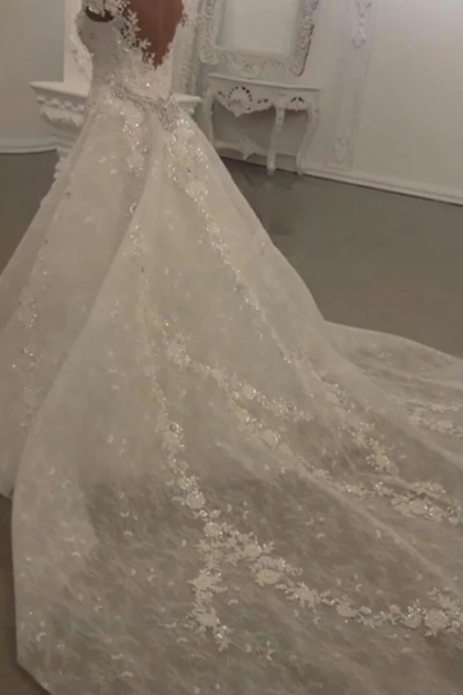 Gorgeous Mermaid Bridal Gown Beads Lace Appliques V-Neck Wedding Dress with Sweep Train-newarrivaldress