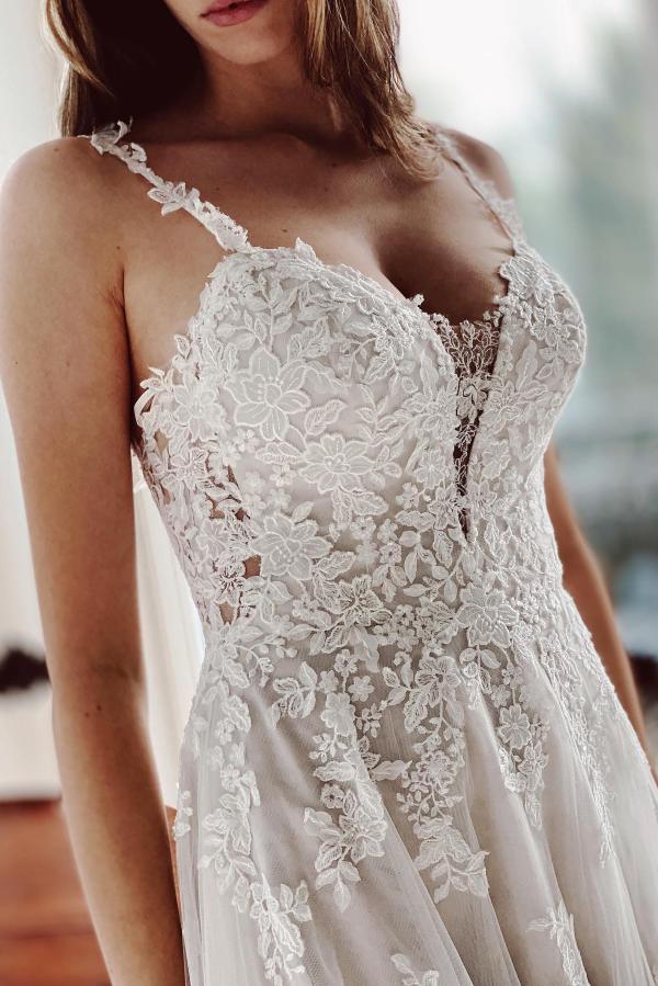 White Floral Lace Wedding Dress Aline Tulle Garden Bridal Dress-newarrivaldress