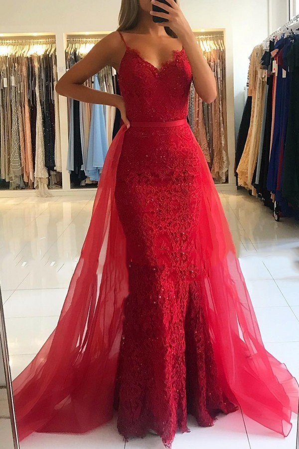 Red Sheath Spaghetti Straps Prom Dresses 2021 | Sexy Lace OverSkirt Evening Dress-newarrivaldress