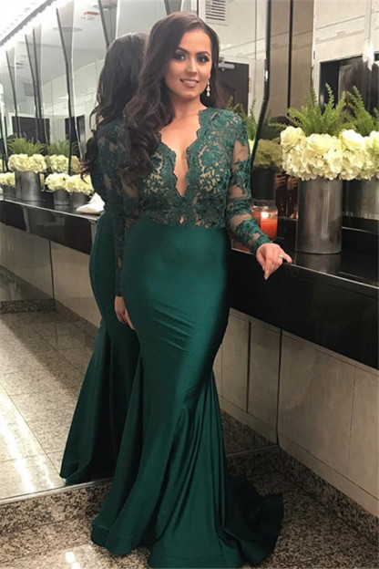 Elegant Long Sleeve LaceProm Dress Mermaid Green Women's Party Dress-newarrivaldress