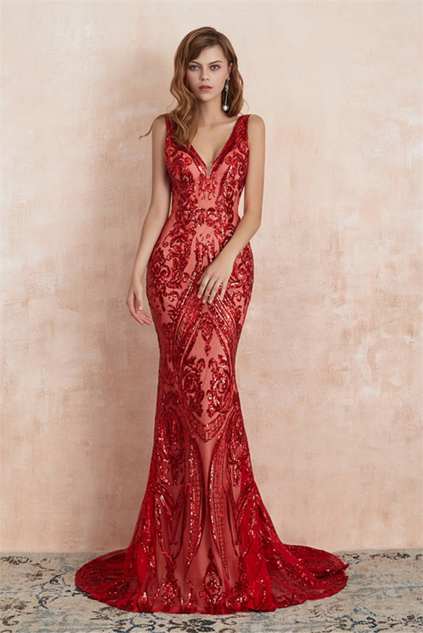 Stunning V-neck Slim Mermaid Prom Dress Sleeveless Glitter Evening Gown-newarrivaldress