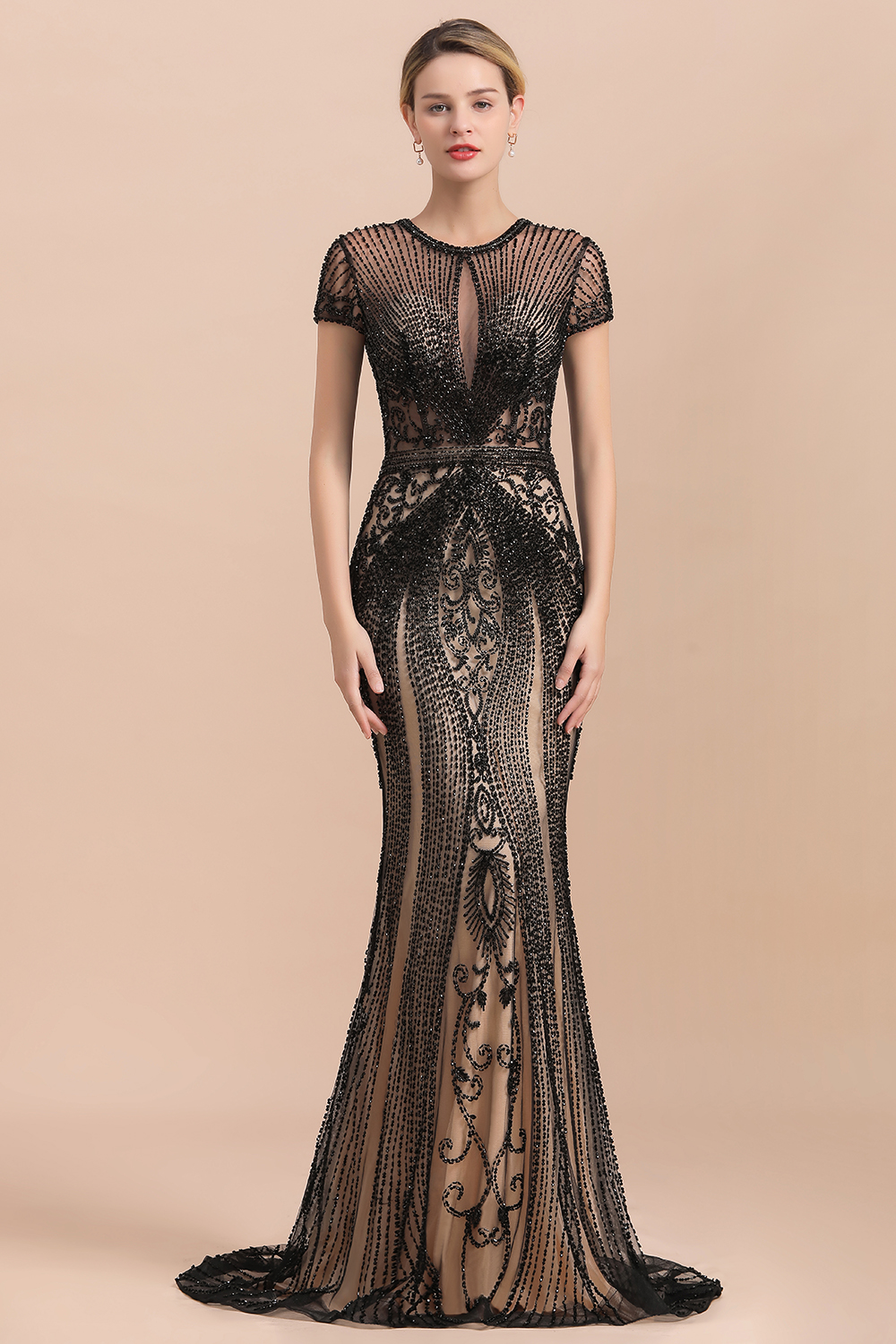 Charming Beading Slim mermaid Prom Dress Evening Short Sleeve Dress-newarrivaldress