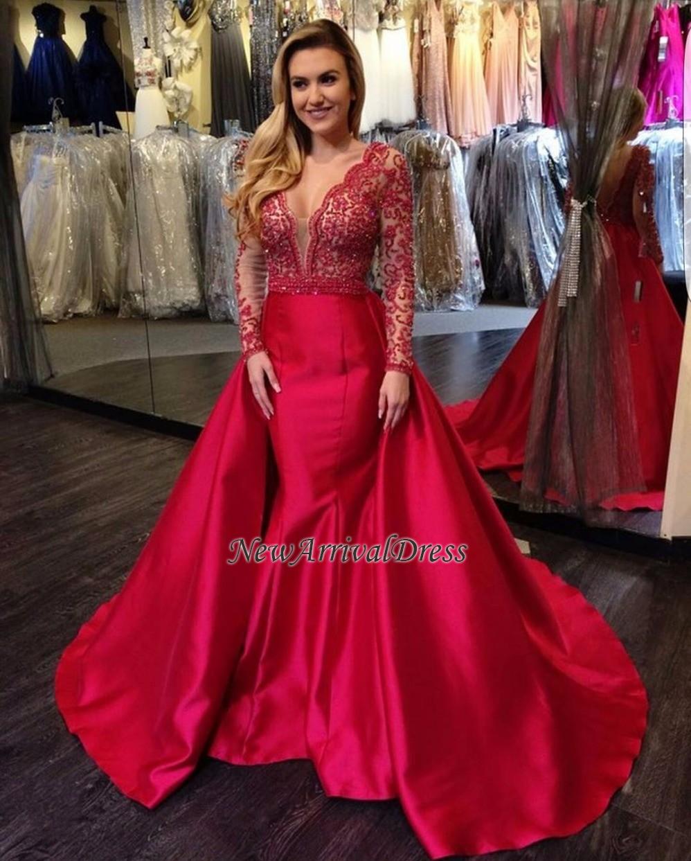 Overskirt Long-Sleeves Red Luxury Open-Back Beading Mermaid V-Neck Evening Gowns-newarrivaldress