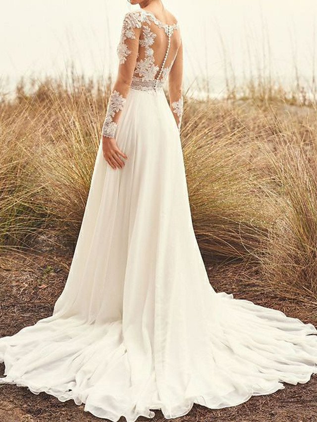 Lace Aline Wedding Dress Long Sleeves Chiffon Boho Bridal Dress-newarrivaldress