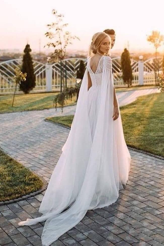 A Line Chiffon Cap Sleeves Boho Beach Wedding Dress Beaded Simple Dress for Bride-newarrivaldress