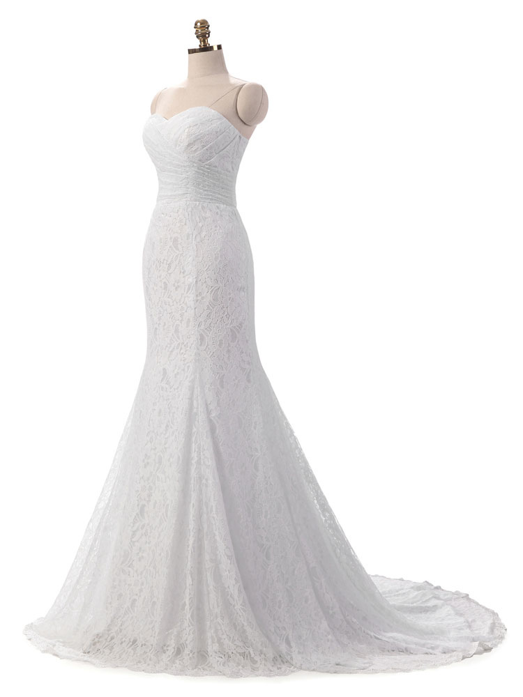 Mermaid Wedding Dress White Lace Fit And Flare Bridal Dress Sweetheart Strapless Train Fishtail Bridal Gown With Detachable Rhinestone Sash-newarrivaldress
