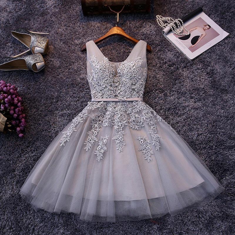 Puffy Appliques Lace V-Neck Silver Elegant Sexy Short Homecoming Dresses-newarrivaldress