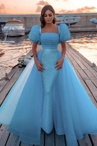 Glitter Sky Blue Mermaid Evening Gowns Short Puffy Sleeve Party Gowns-newarrivaldress