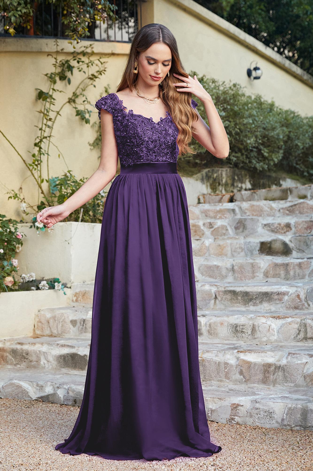 Chic Cap Sleeves Floral Lace Aline Long Evening Dresses Beadings Floor Length Chiffon Bridesmaid Dresses-newarrivaldress