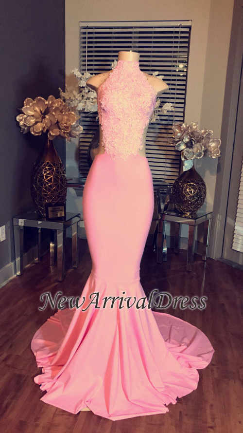 High Neck Lace Mermaid Sleeveless Pink Long Prom Dresses BA4981-newarrivaldress