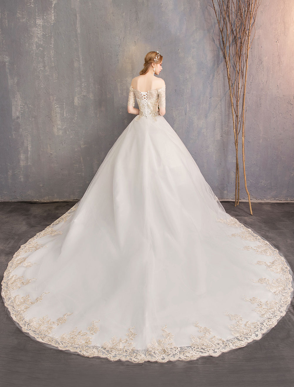 Tulle Wedding Dress Off The Shoulder Half Sleeve Princess Bridal Gown-newarrivaldress