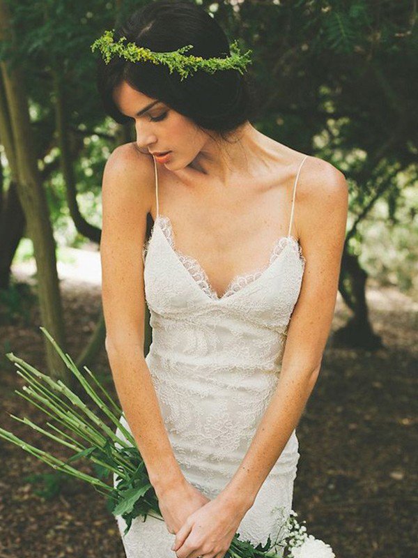 Mermaid Ruffles Lace Spaghetti Straps Bridal Gowns | Sweep Train Sleeveless Wedding Dresses-newarrivaldress