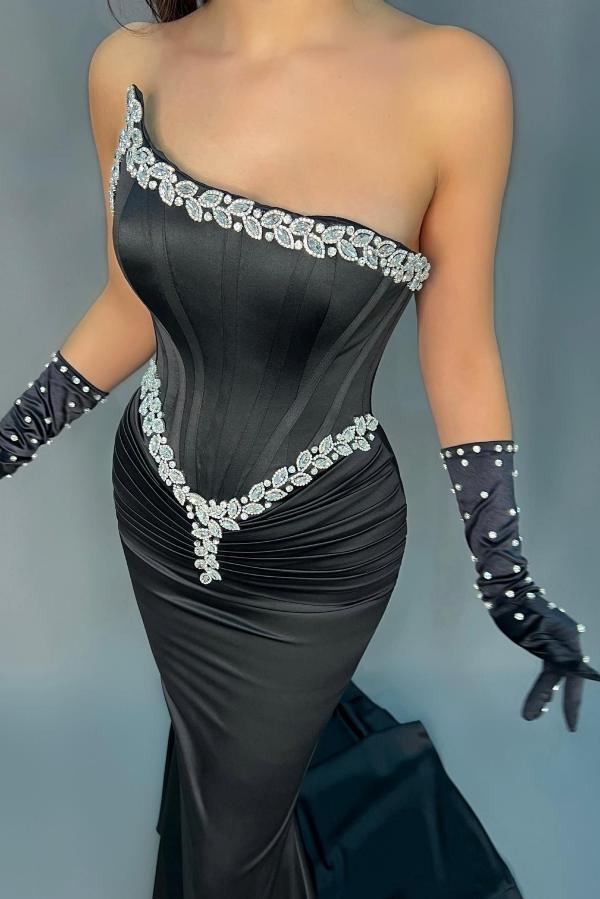 Strapless Black Ruched Satin Mermaid Prom Dress Pearls Beadings Slim Party Dress-newarrivaldress