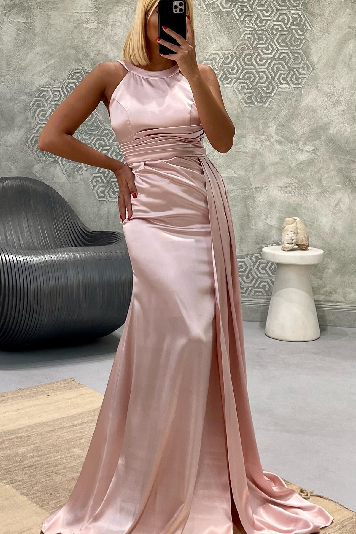 Chic Halter Satin Floor Length Prom Dress with Sweep Train-newarrivaldress