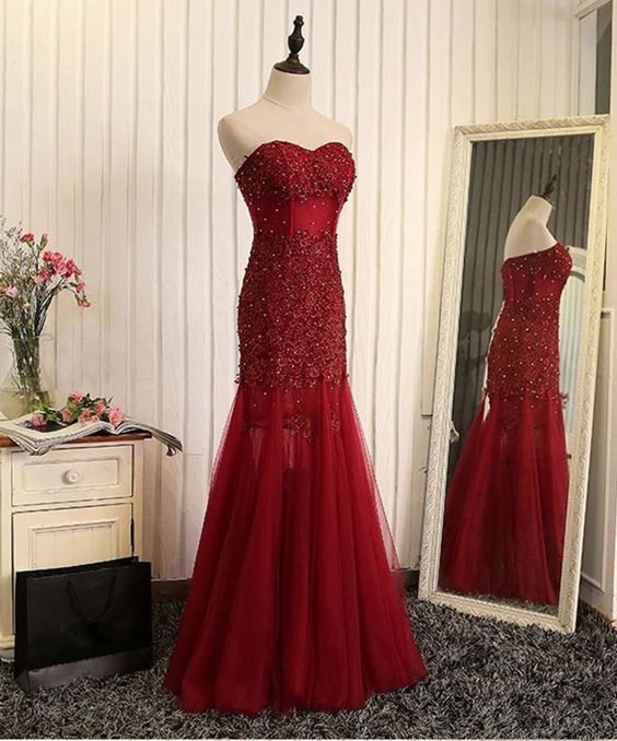 Mermaid Beaded Tulle Brilliant Sweetheart Sleeveless Lace Appliques Long Prom Dresses-newarrivaldress