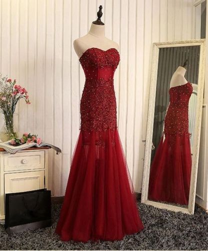 Mermaid Beaded Tulle Brilliant Sweetheart Sleeveless Lace Appliques Long Prom Dresses-newarrivaldress