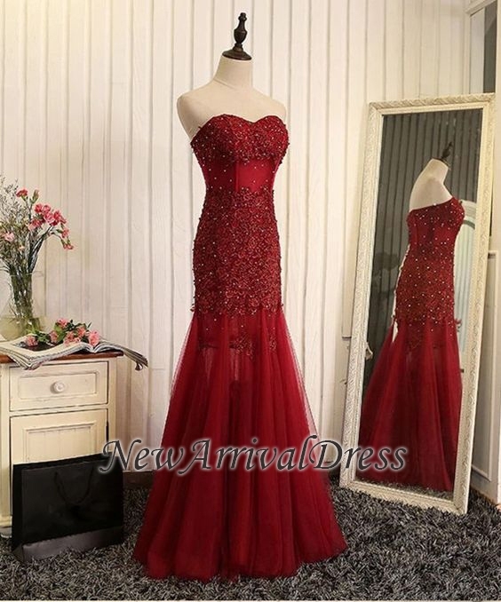 Mermaid Beaded Tulle Brilliant Sweetheart Sleeveless Lace Appliques Long Prom Dresses-newarrivaldress