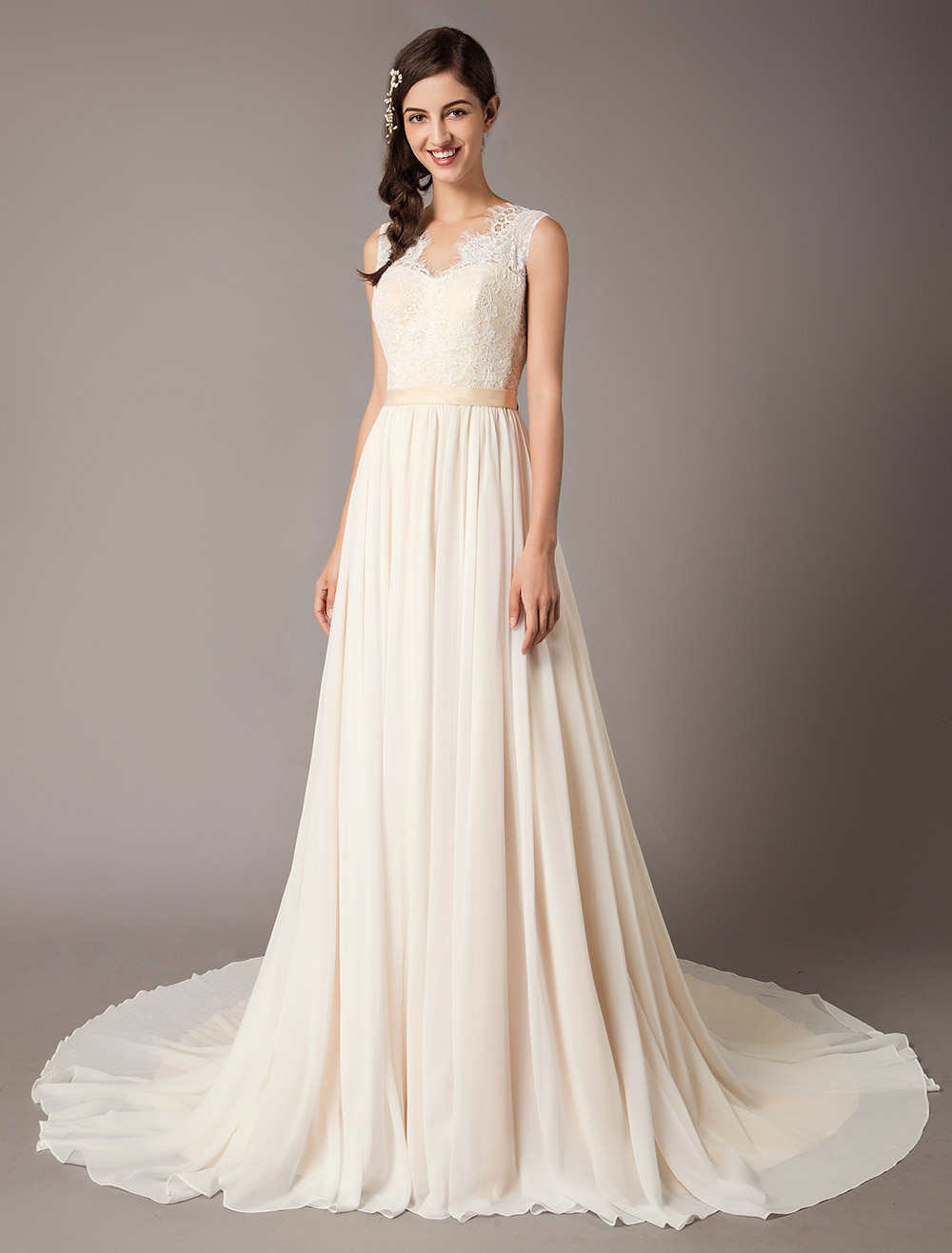 Champagne Wedding Dresses Beach Lace Chiffon V Neck Bridal Dress-newarrivaldress