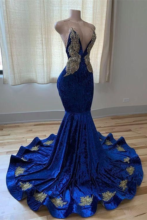 Stunning Sleeveless Mermaid Long Mermaid Dress with Gold Appliques V-Neck Party Wear Gown-newarrivaldress