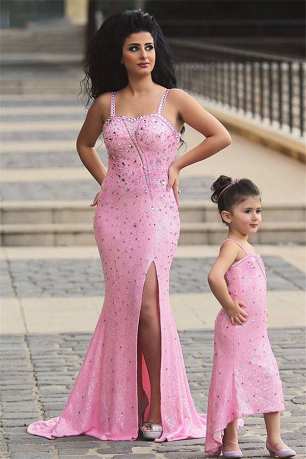 Spaghetti-Straps Sexy Open-Back Sequined Crystal Mermaid Pink Prom Dress-newarrivaldress