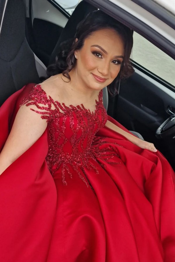 Stylish Red Off-the-Shoulder Ball Gown Glitter Appliques Satin Evening Dress-newarrivaldress