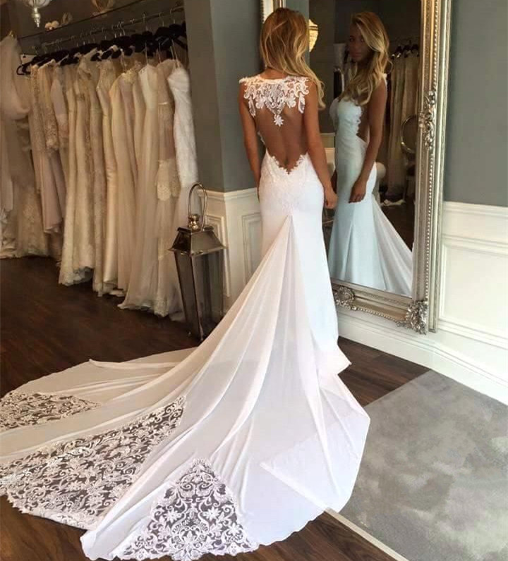 Sleeveless Open Back Lace Sexy Bridal Gowns | Newest Mermaid Chapel Train Wedding Dresses-newarrivaldress