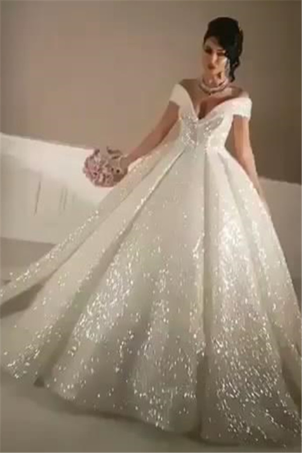 Sexy Off-the-Shoulder Open Back Wedding Dresses | Lace-Up Sequins Bridal Ball Gowns-newarrivaldress