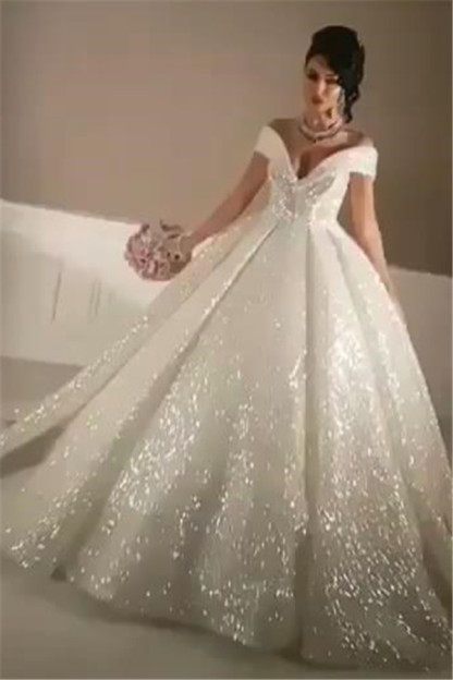 Sexy Off-the-Shoulder Open Back Wedding Dresses | Lace-Up Sequins Bridal Ball Gowns-newarrivaldress