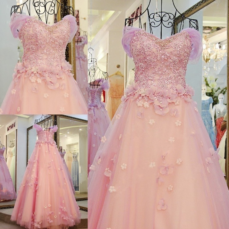 Ball Gown Tulle Off-The-Shoulder Floor-Length Applique Prom Dresses-newarrivaldress
