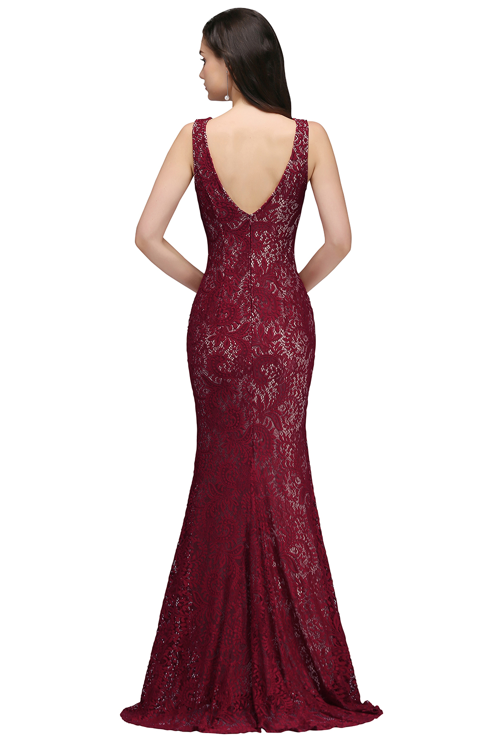 DULCE | Mermaid Crew Floor-length Sleeveless Burgundy Lace Prom Dresses-newarrivaldress
