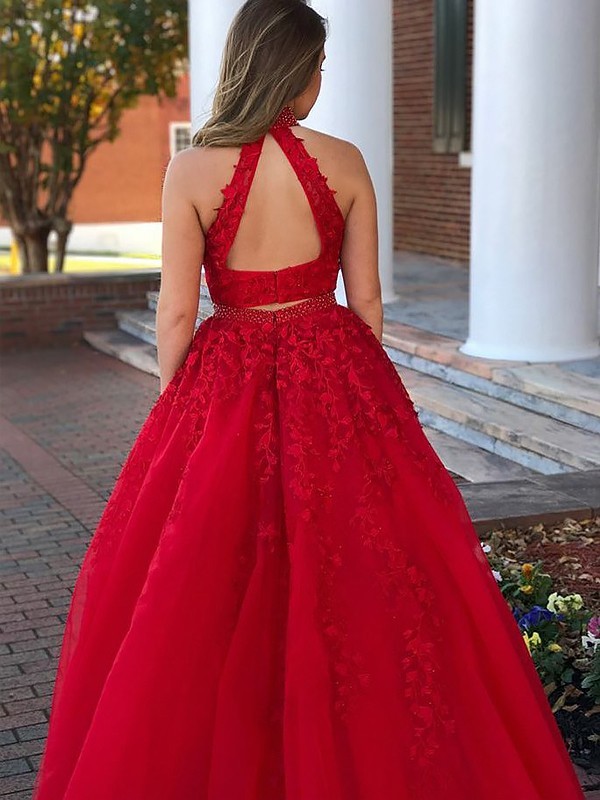 Delicate High Neck Red Tow Piece Evening Dress | A-line Evening Gown-newarrivaldress