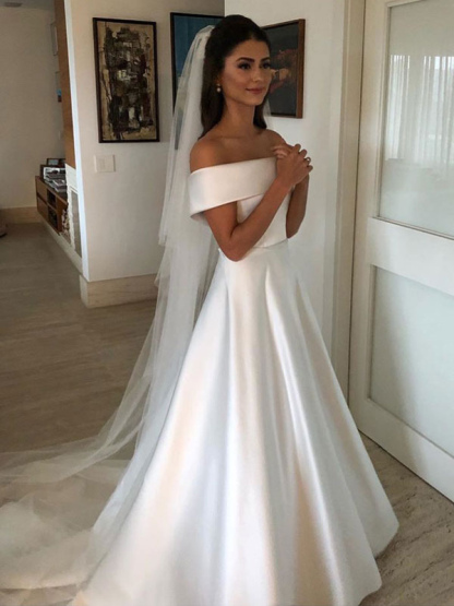 Vintage Wedding Dresses 2021 Off The Shoulder Short Sleeve A Line Satin Traditional Bridal Gowns With Sweep Train-newarrivaldress