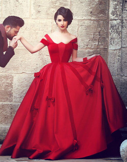 Ball Gown Wedding Dress Off The Shoulder Burgundy with Bowknots Floor Length Bridal Gowns-newarrivaldress