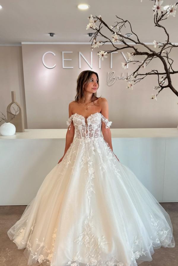 Chic Floral Lace Aline Wedding Dress Off-the-Shoulder Tulle Appliques Bridal Dress-newarrivaldress