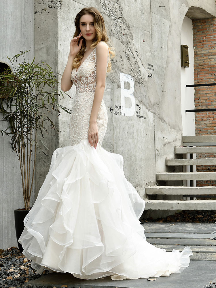 Wedding Bridal Gowns Mermaid Sleeveless V Neck Lace Bridal Gowns With Train-newarrivaldress